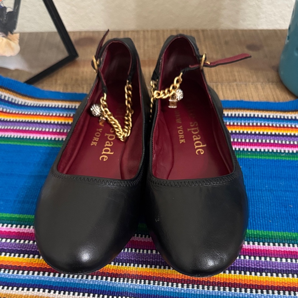 Kate Spade Black Flats with Gold Chain Accent